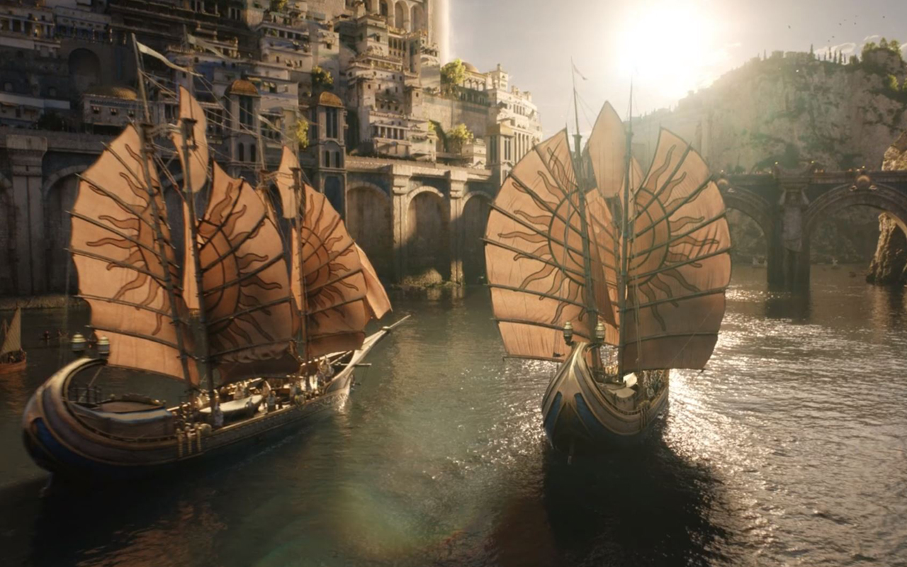 Sailing ships leave Nûmenor for the east.