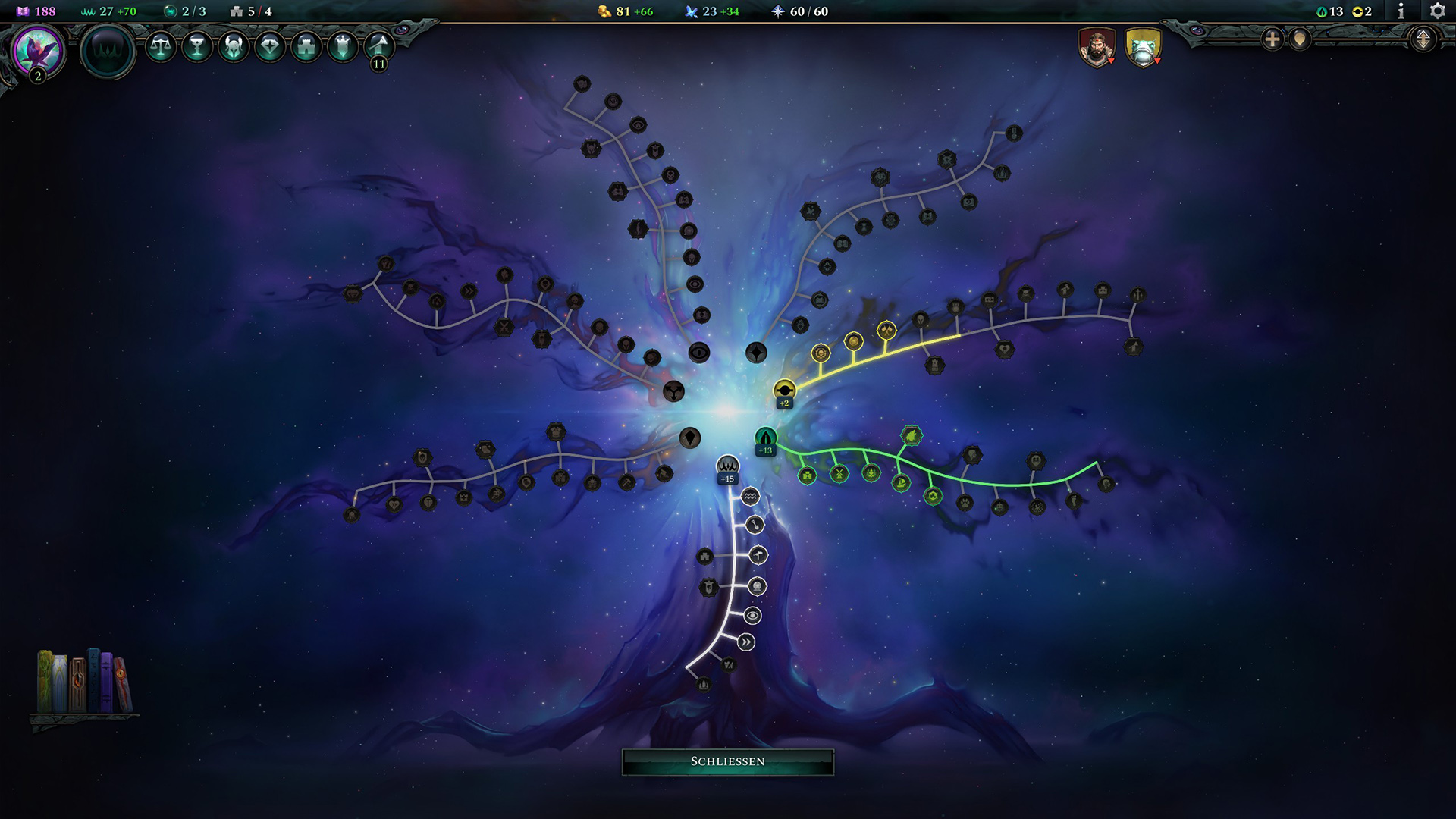 The research tree in Age of Wonders 4 with the areas Nature, Order, Chaos, Astral, Shadow, Materium and the trunk.